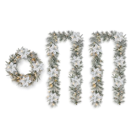 Glitzhome® 24" Pre-Lit Snow Flocked Greenery Pine Poinsettia Christmas Wreath & Matched 2 Pack 9ft. Garland Set